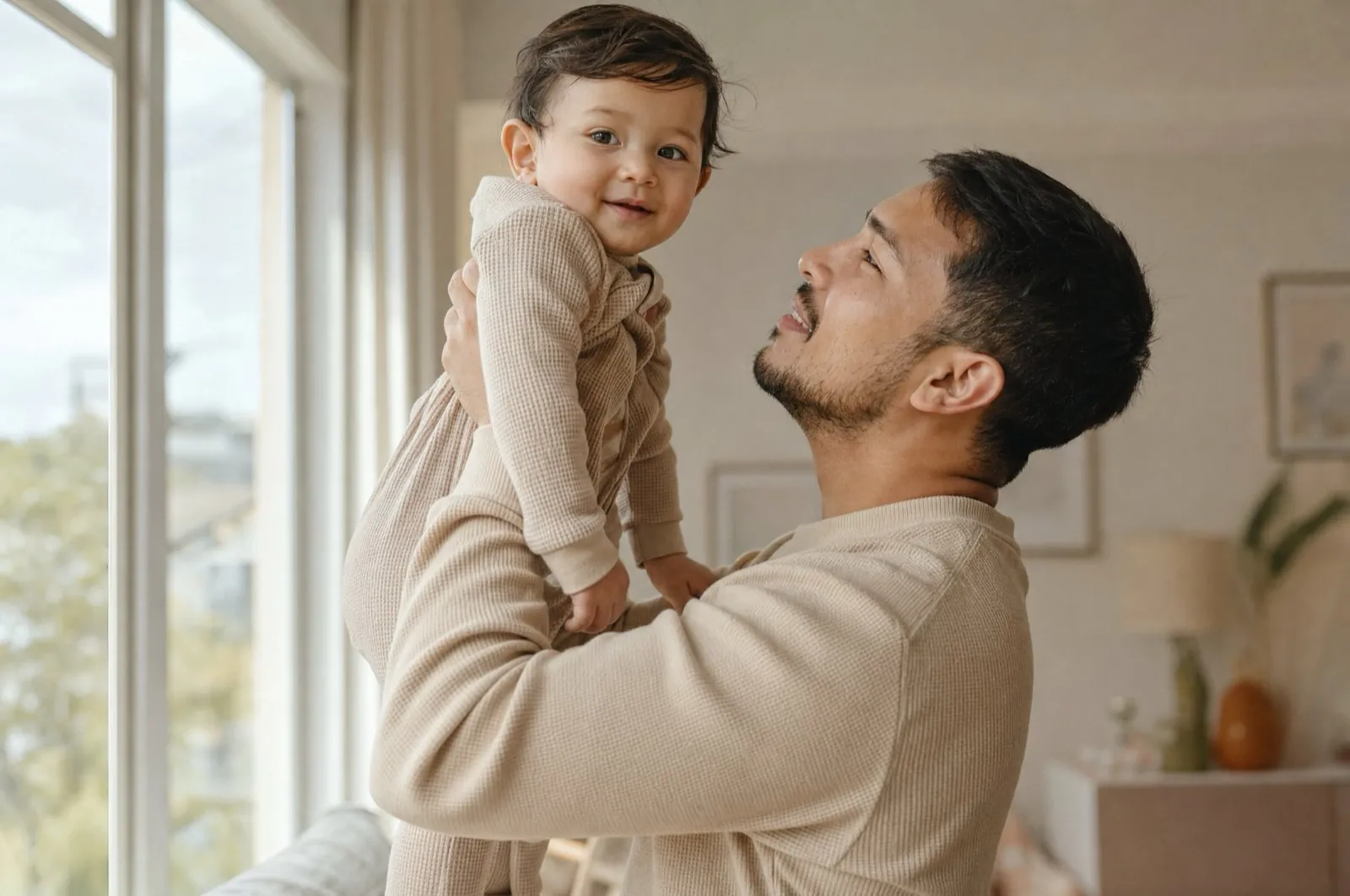 A father holding his toddler by a bright window