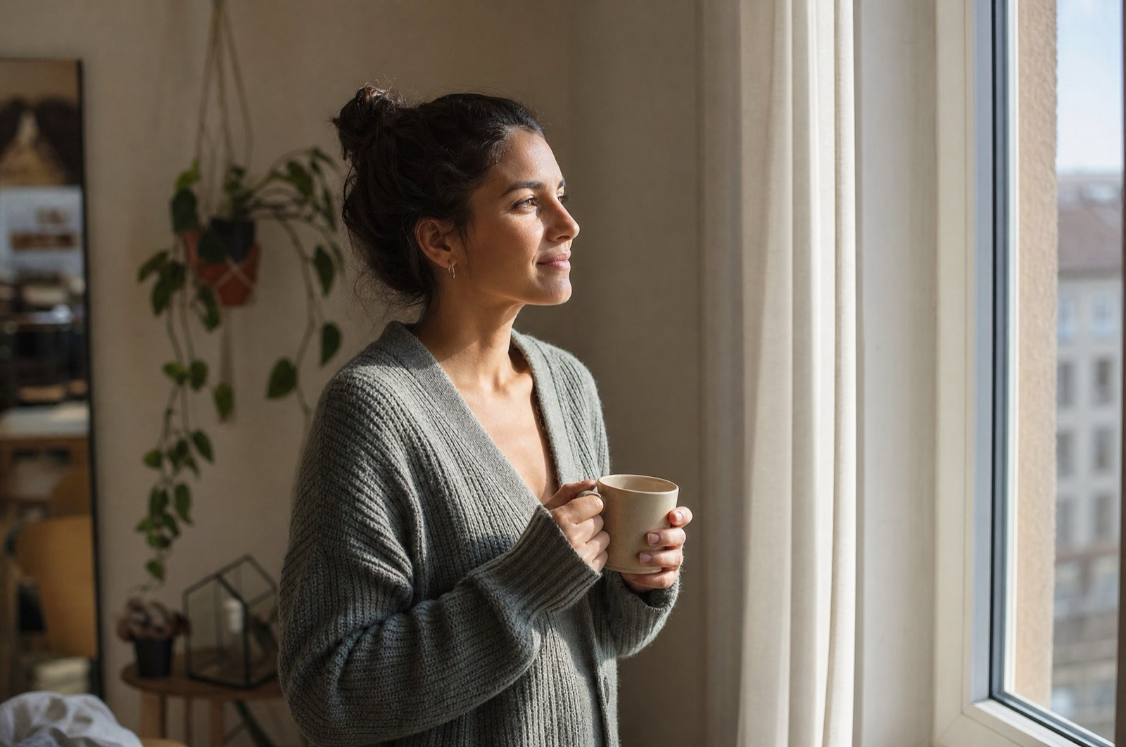 A woman by a bright window with coffee, quietly relieved after her case is resolved