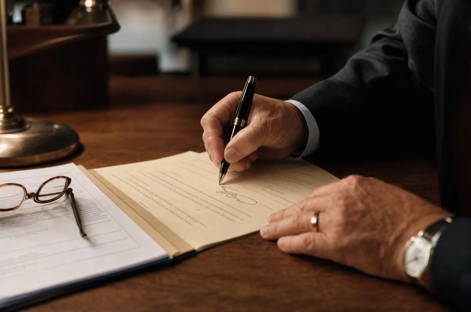 Two people signing a California joint divorce petition together at a table